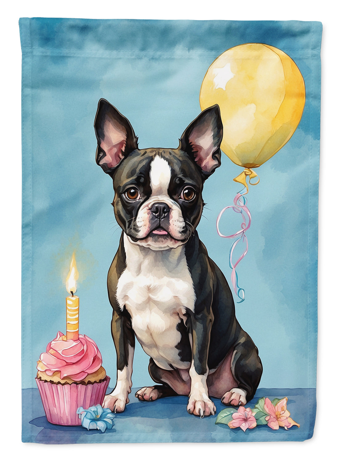 Boston Terrier Happy Birthday House Flag 28x40 Porch Sleeve Pole Decorative Outside Yard Banner Artwork Wall Hanging, Polyester