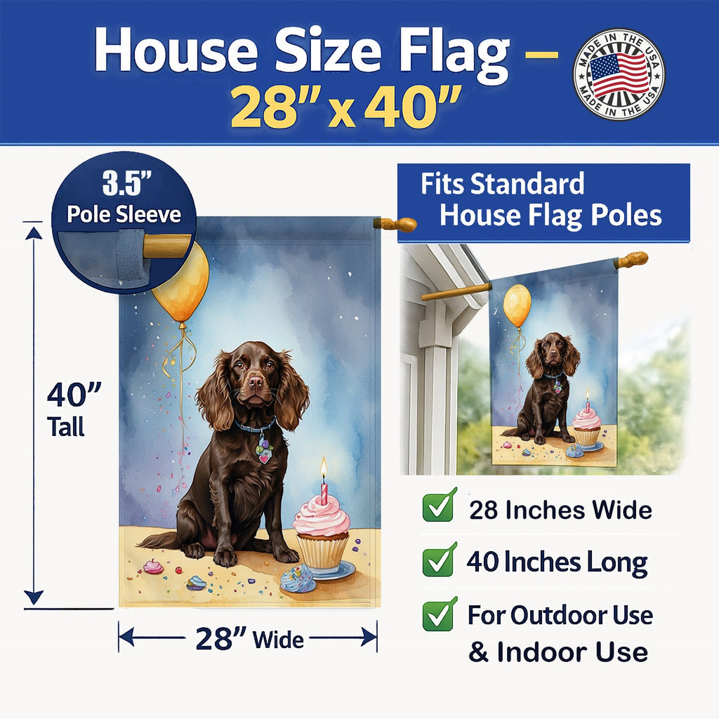 Boykin Spaniel Happy Birthday House Flag 28x40 Porch Sleeve Pole Decorative Outside Yard Banner Artwork Wall Hanging, Polyester
