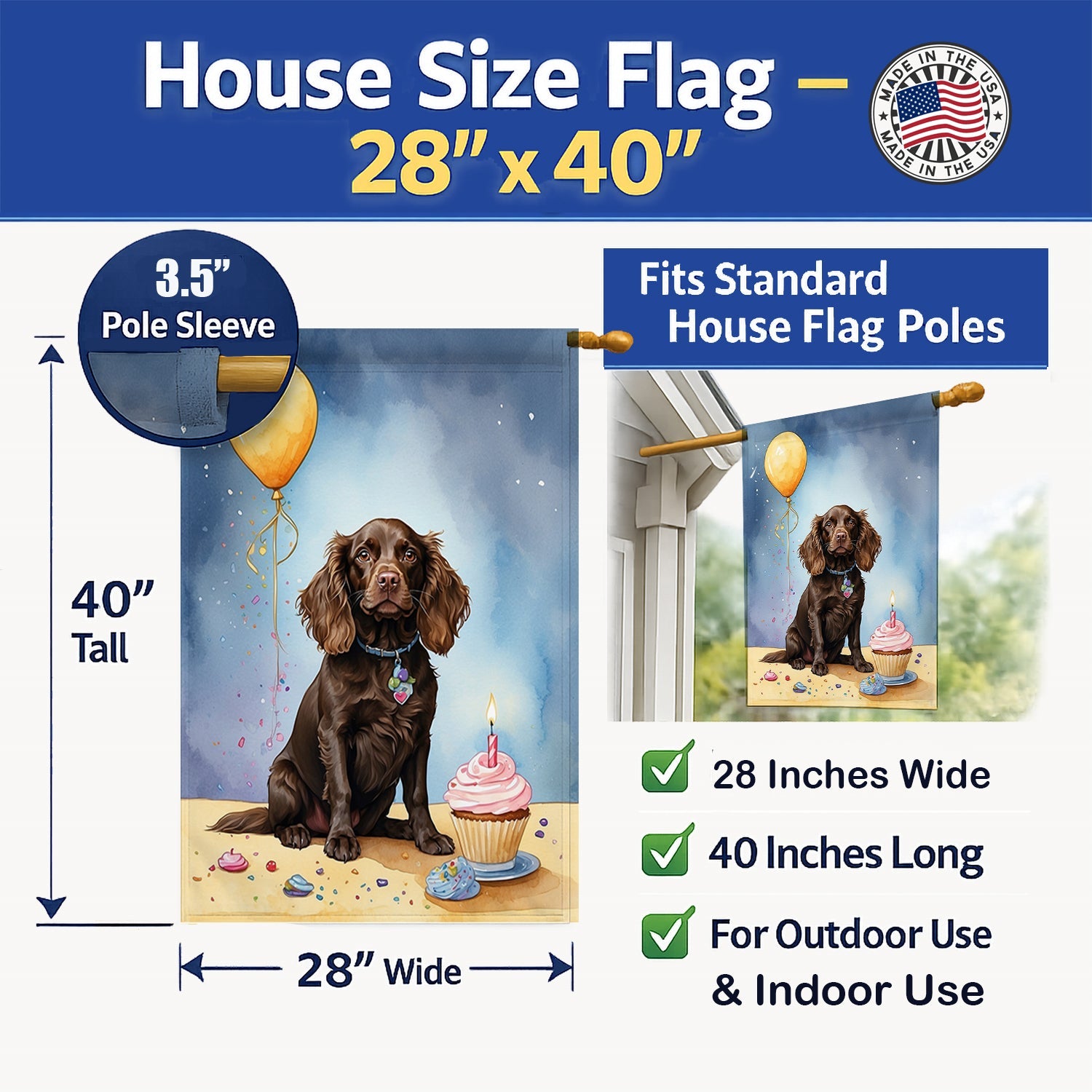 Boykin Spaniel Happy Birthday House Flag 28x40 Porch Sleeve Pole Decorative Outside Yard Banner Artwork Wall Hanging, Polyester