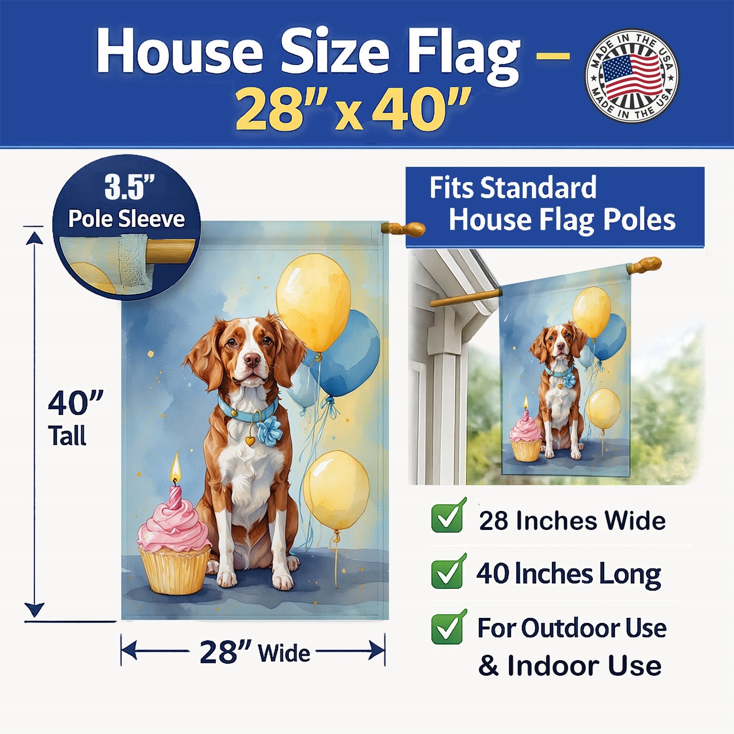 Brittany Spaniel Happy Birthday House Flag 28x40 Porch Sleeve Pole Decorative Outside Yard Banner Artwork Wall Hanging, Polyester