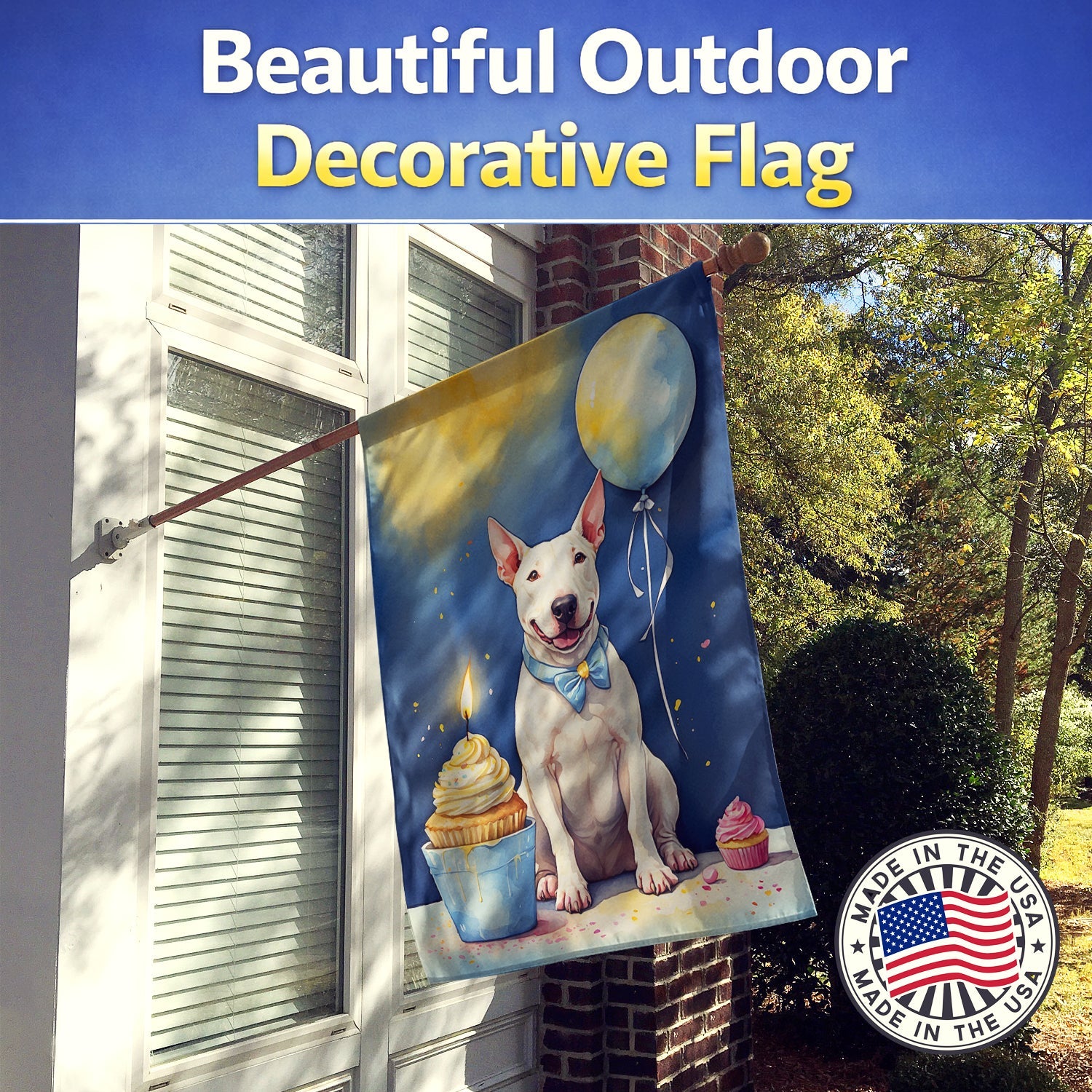 Bull Terrier Happy Birthday House Flag 28x40 Porch Sleeve Pole Decorative Outside Yard Banner Artwork Wall Hanging, Polyester