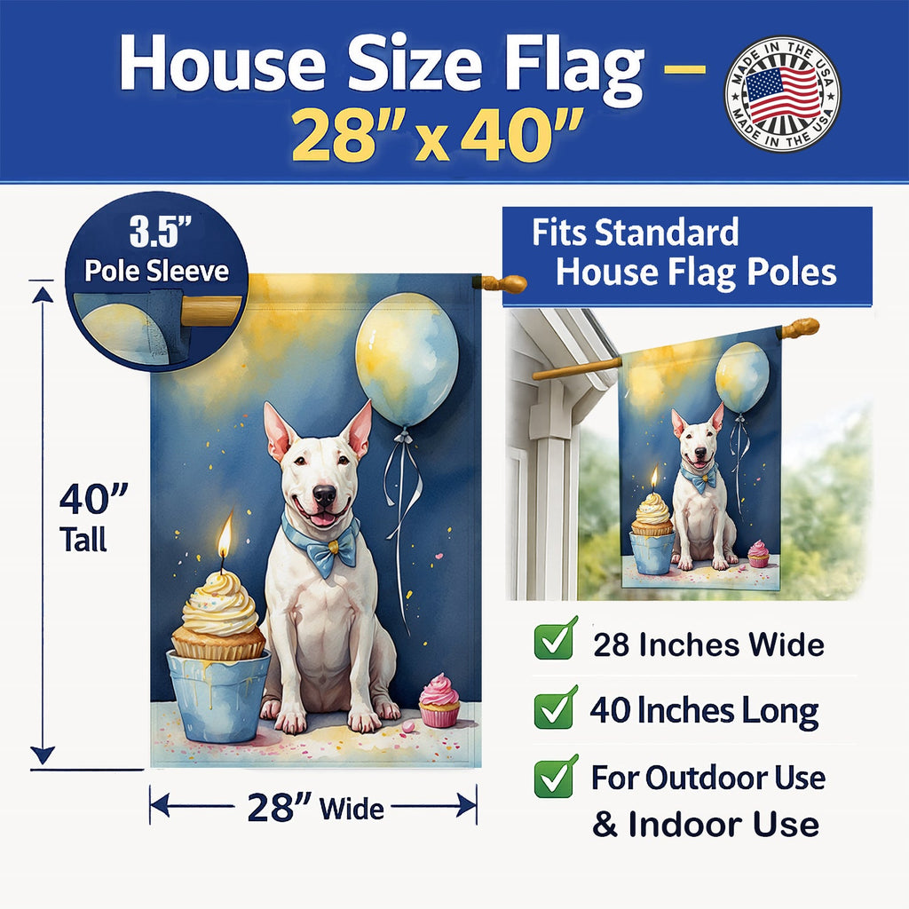 Bull Terrier Happy Birthday House Flag 28x40 Porch Sleeve Pole Decorative Outside Yard Banner Artwork Wall Hanging, Polyester