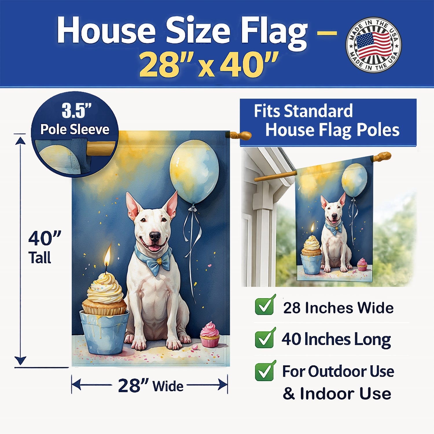 Bull Terrier Happy Birthday House Flag 28x40 Porch Sleeve Pole Decorative Outside Yard Banner Artwork Wall Hanging, Polyester