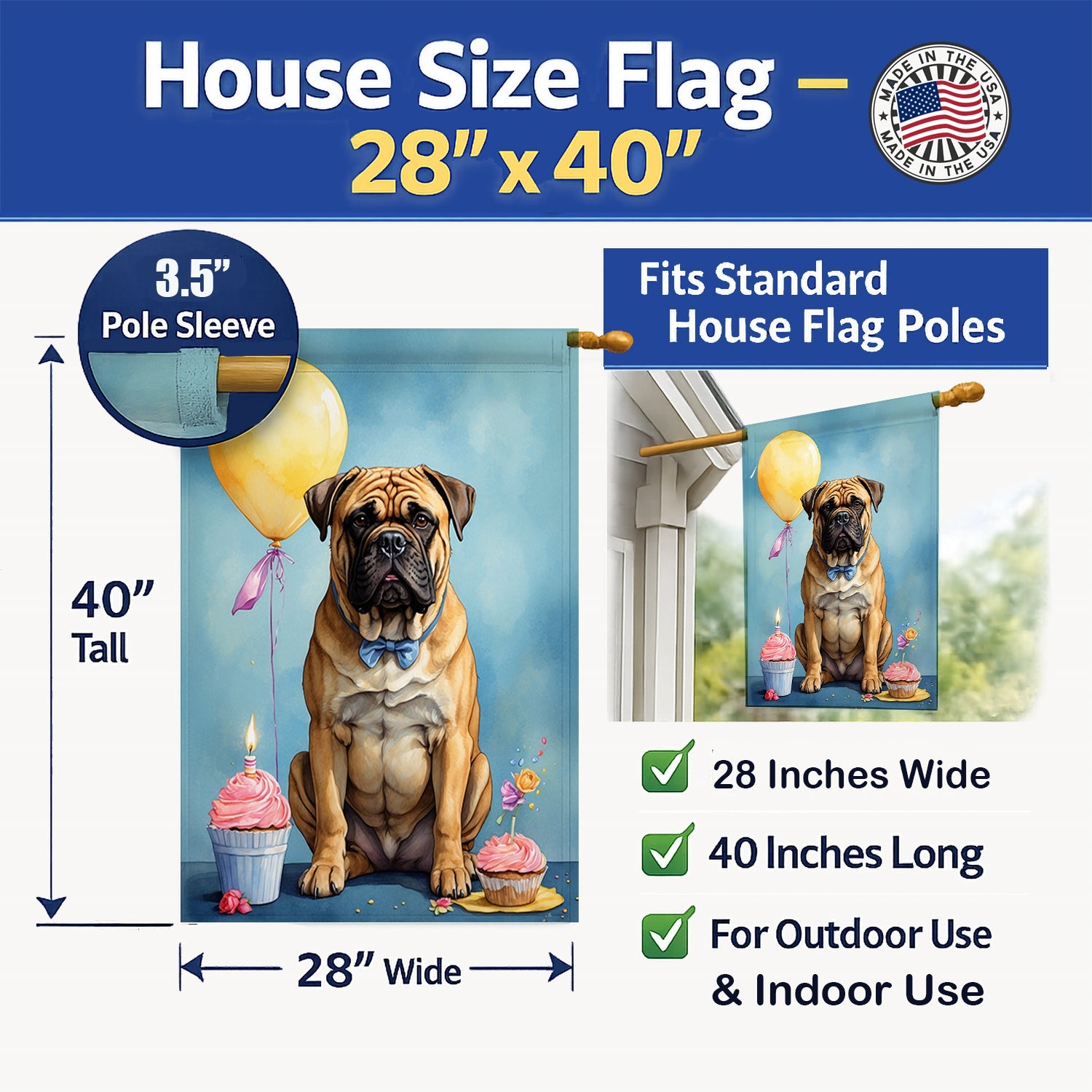 Bullmastiff Happy Birthday House Flag 28x40 Porch Sleeve Pole Decorative Outside Yard Banner Artwork Wall Hanging, Polyester
