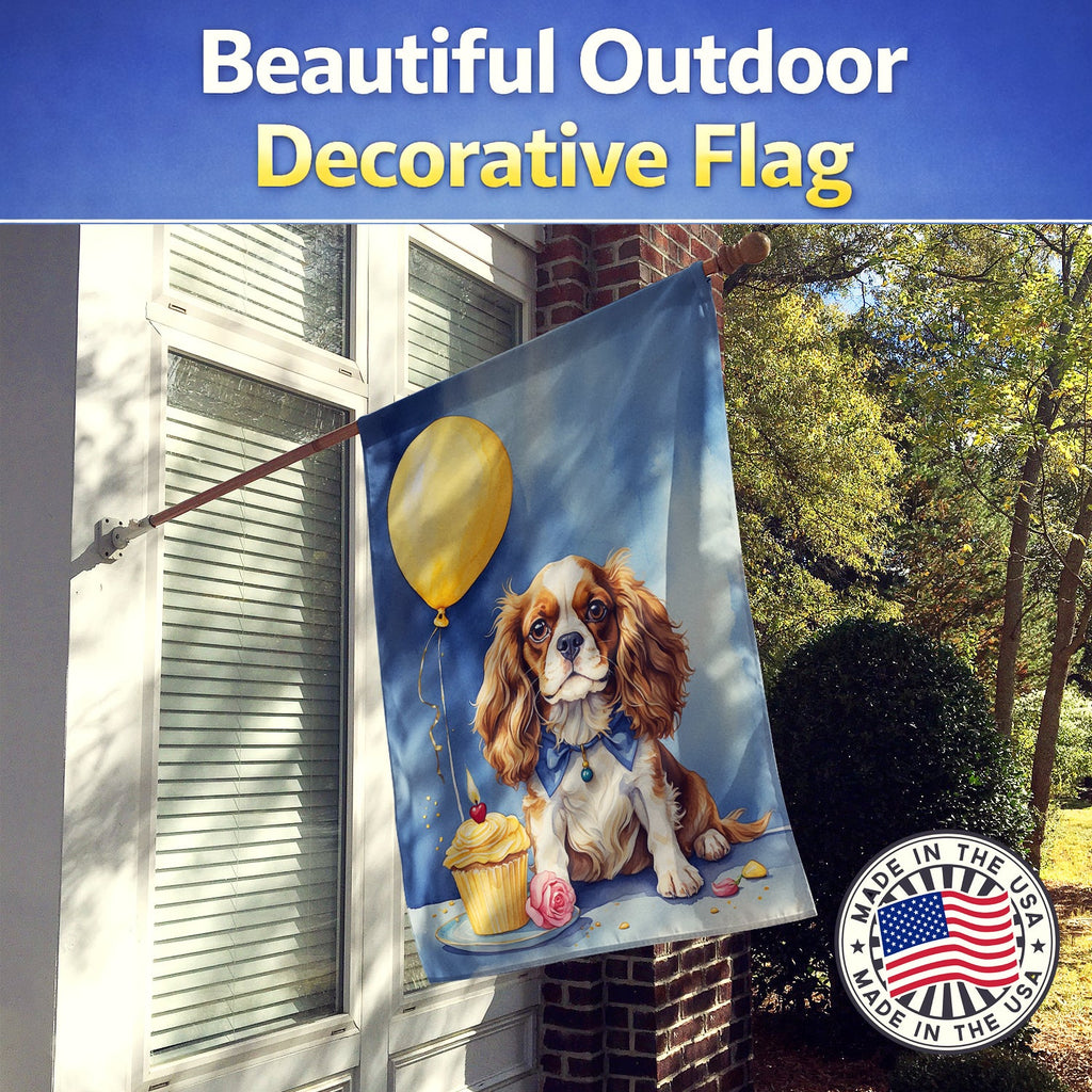 Cavalier Spaniel Happy Birthday House Flag 28x40 Porch Sleeve Pole Decorative Outside Yard Banner Artwork Wall Hanging, Polyester