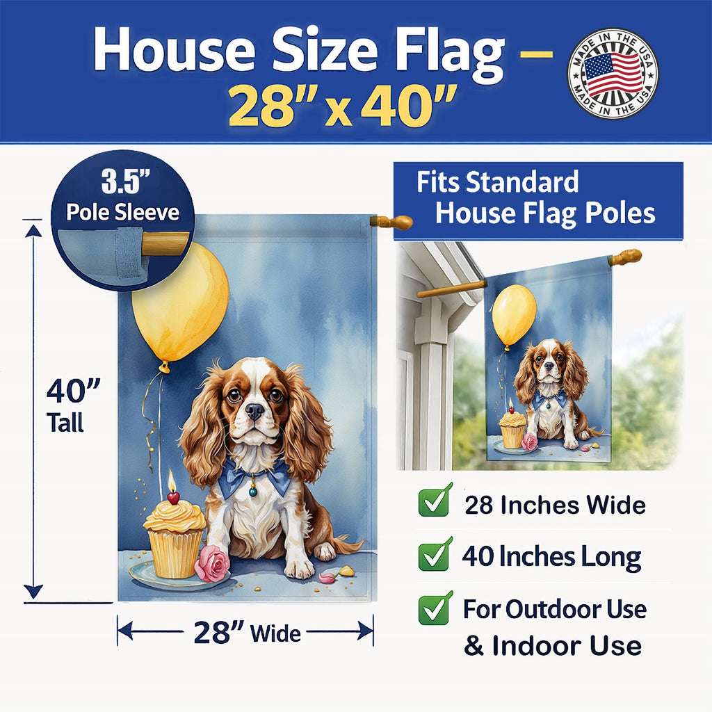 Cavalier Spaniel Happy Birthday House Flag 28x40 Porch Sleeve Pole Decorative Outside Yard Banner Artwork Wall Hanging, Polyester