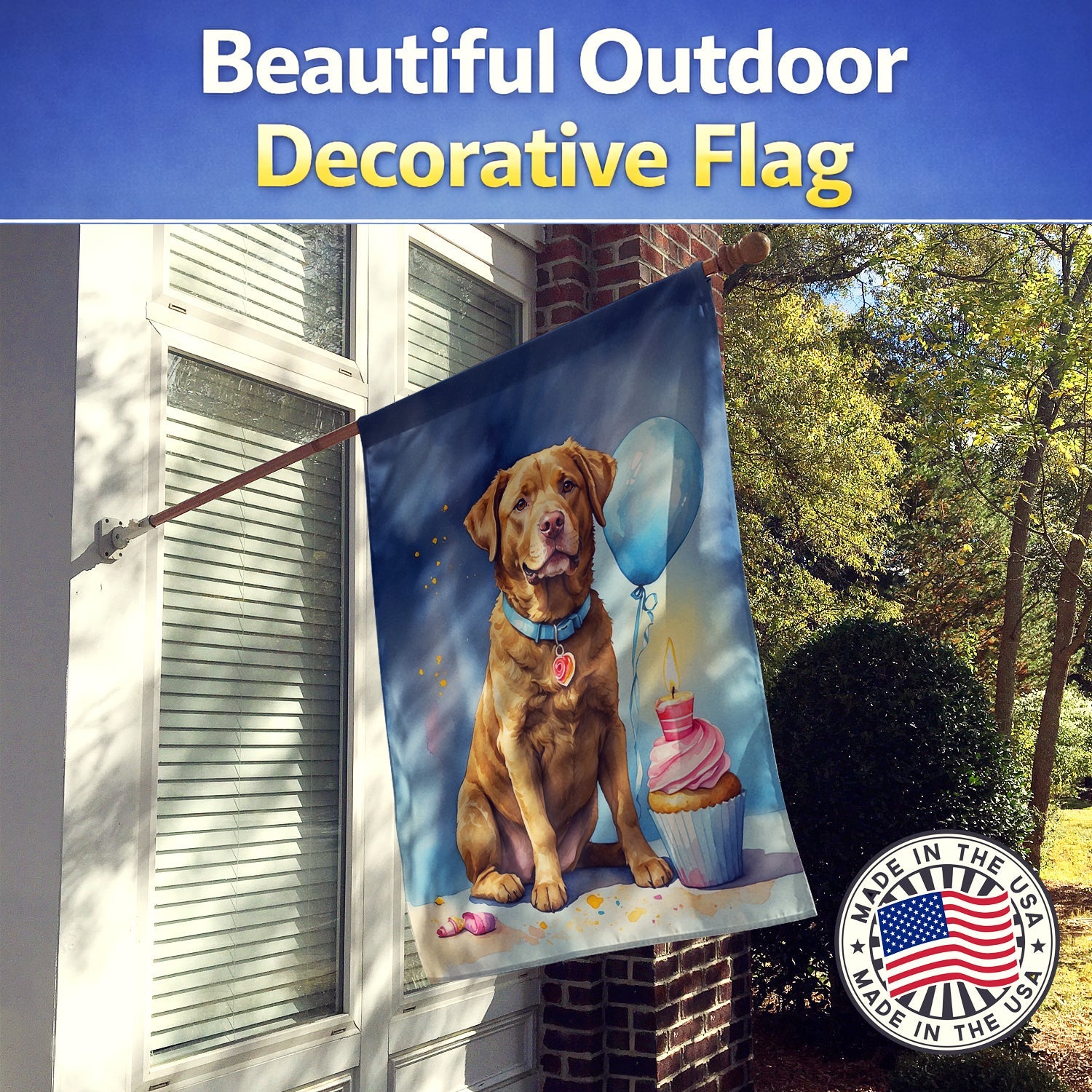 Chesapeake Bay Retriever Happy Birthday House Flag 28x40 Porch Sleeve Pole Decorative Outside Yard Banner Artwork Wall Hanging, Polyester