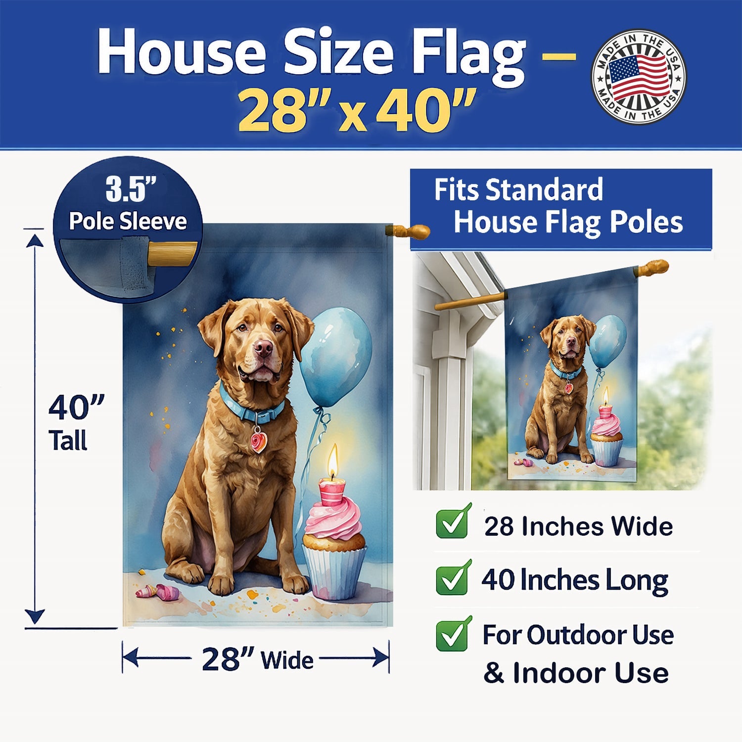 Chesapeake Bay Retriever Happy Birthday House Flag 28x40 Porch Sleeve Pole Decorative Outside Yard Banner Artwork Wall Hanging, Polyester