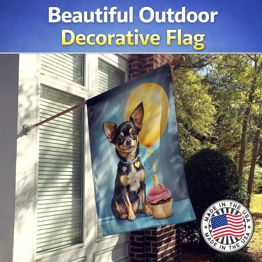 Black and Tan Chihuahua Happy Birthday House Flag 28x40 Porch Sleeve Pole Decorative Outside Yard Banner Artwork Wall Hanging, Polyester