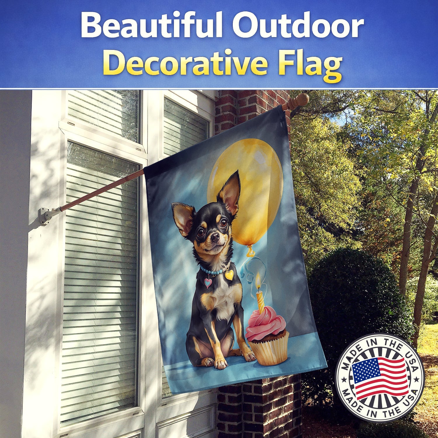 Black and Tan Chihuahua Happy Birthday House Flag 28x40 Porch Sleeve Pole Decorative Outside Yard Banner Artwork Wall Hanging, Polyester
