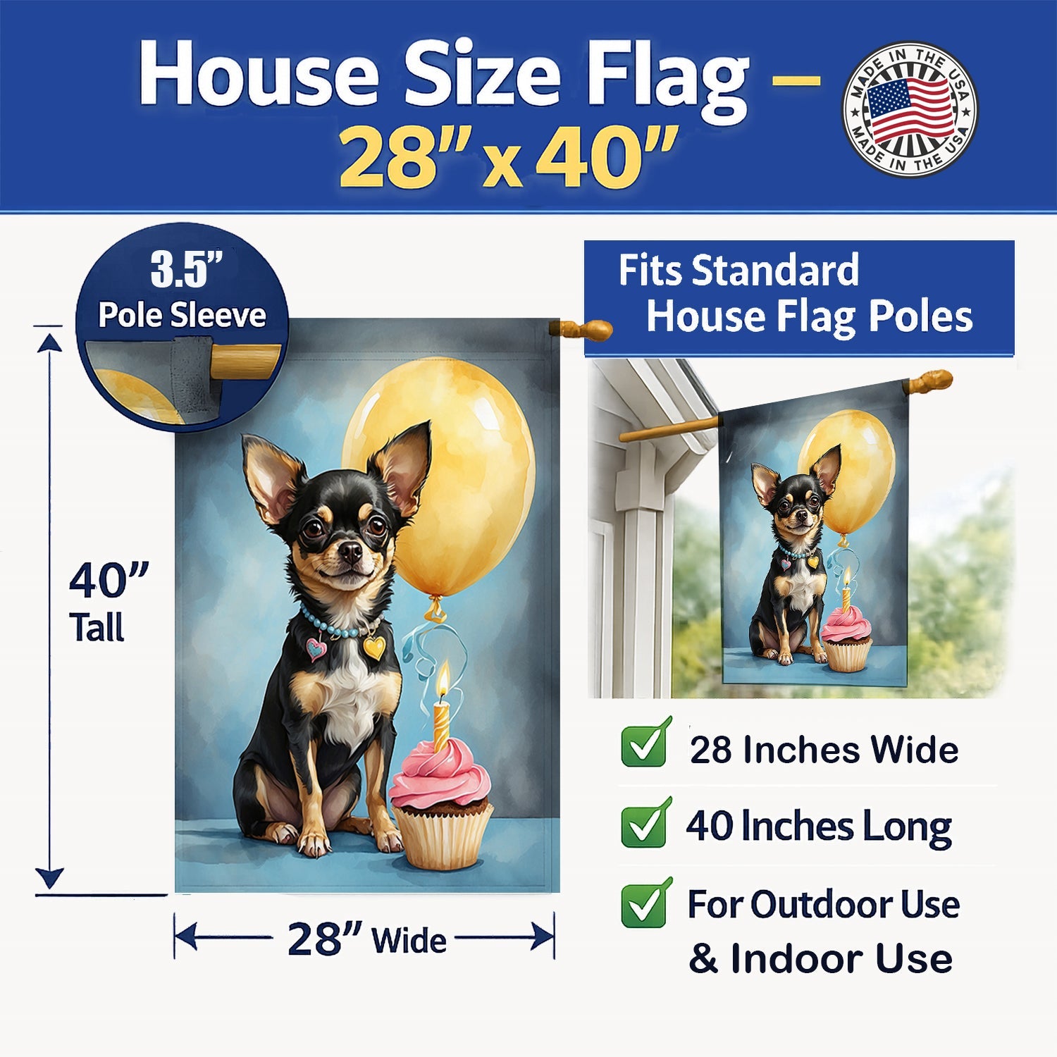 Black and Tan Chihuahua Happy Birthday House Flag 28x40 Porch Sleeve Pole Decorative Outside Yard Banner Artwork Wall Hanging, Polyester
