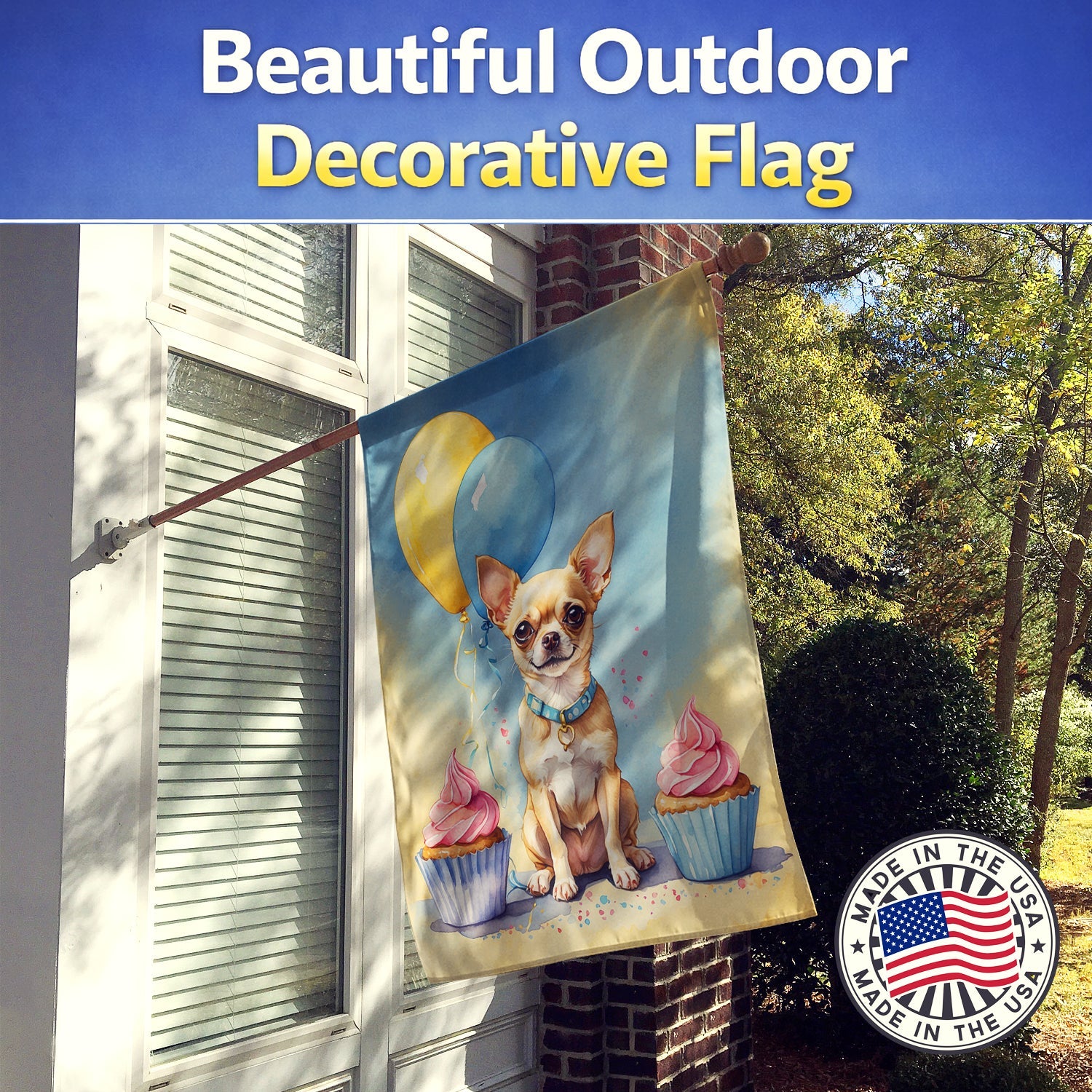 Chihuahua Happy Birthday House Flag 28x40 Porch Sleeve Pole Decorative Outside Yard Banner Artwork Wall Hanging, Polyester