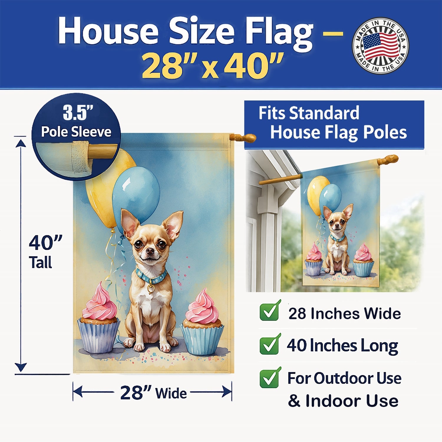 Chihuahua Happy Birthday House Flag 28x40 Porch Sleeve Pole Decorative Outside Yard Banner Artwork Wall Hanging, Polyester