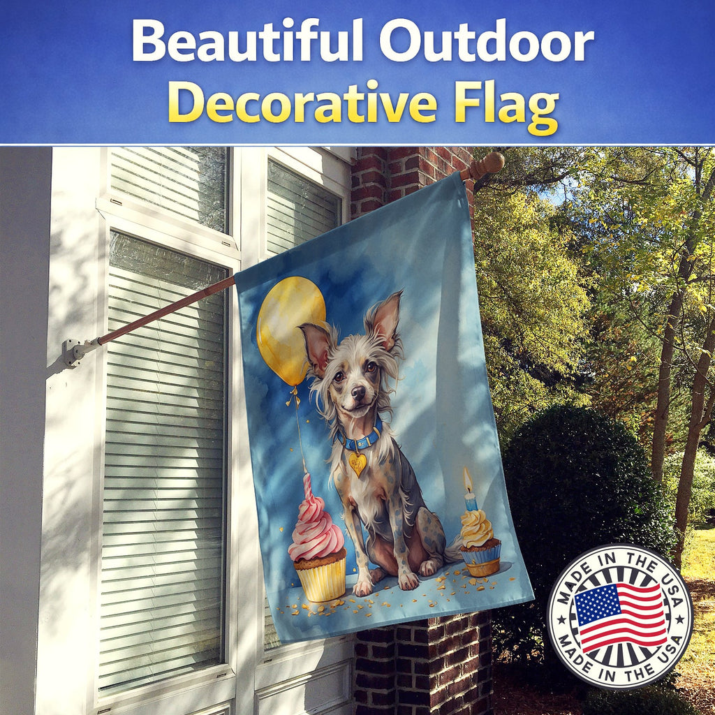 Chinese Crested Happy Birthday House Flag 28x40 Porch Sleeve Pole Decorative Outside Yard Banner Artwork Wall Hanging, Polyester