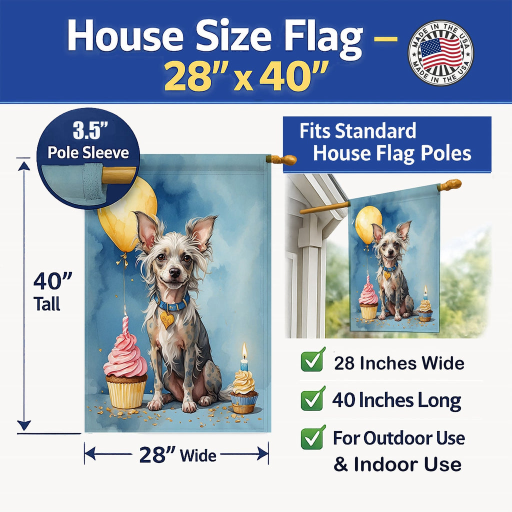 Chinese Crested Happy Birthday House Flag 28x40 Porch Sleeve Pole Decorative Outside Yard Banner Artwork Wall Hanging, Polyester