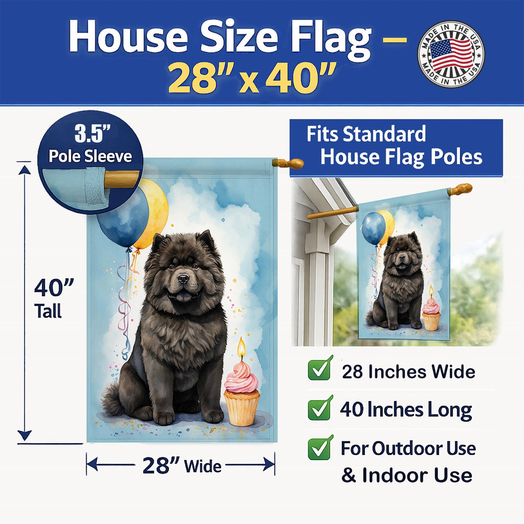 Black Chow Chow Happy Birthday House Flag 28x40 Porch Sleeve Pole Decorative Outside Yard Banner Artwork Wall Hanging, Polyester