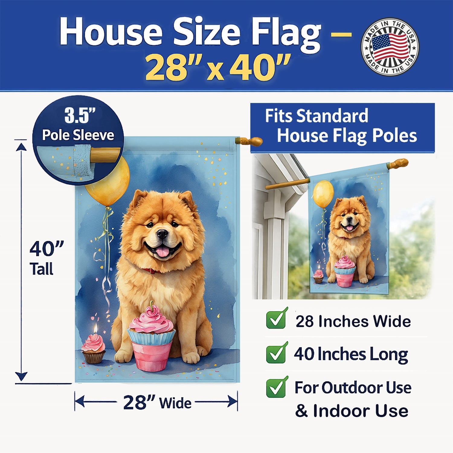 Chow Chow Happy Birthday House Flag 28x40 Porch Sleeve Pole Decorative Outside Yard Banner Artwork Wall Hanging, Polyester