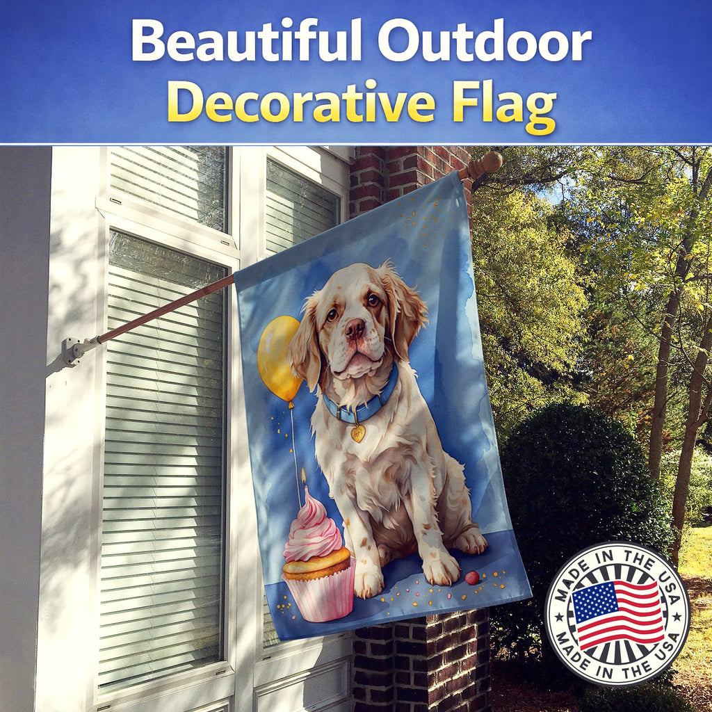 Clumber Spaniel Happy Birthday House Flag 28x40 Porch Sleeve Pole Decorative Outside Yard Banner Artwork Wall Hanging, Polyester