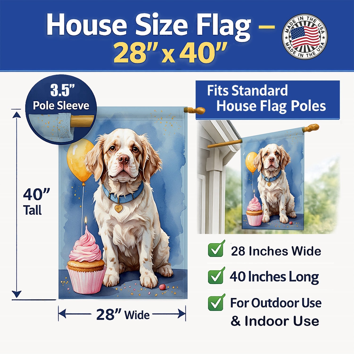 Clumber Spaniel Happy Birthday House Flag 28x40 Porch Sleeve Pole Decorative Outside Yard Banner Artwork Wall Hanging, Polyester