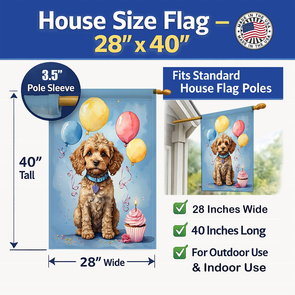Cockapoo Happy Birthday House Flag 28x40 Porch Sleeve Pole Decorative Outside Yard Banner Artwork Wall Hanging, Polyester