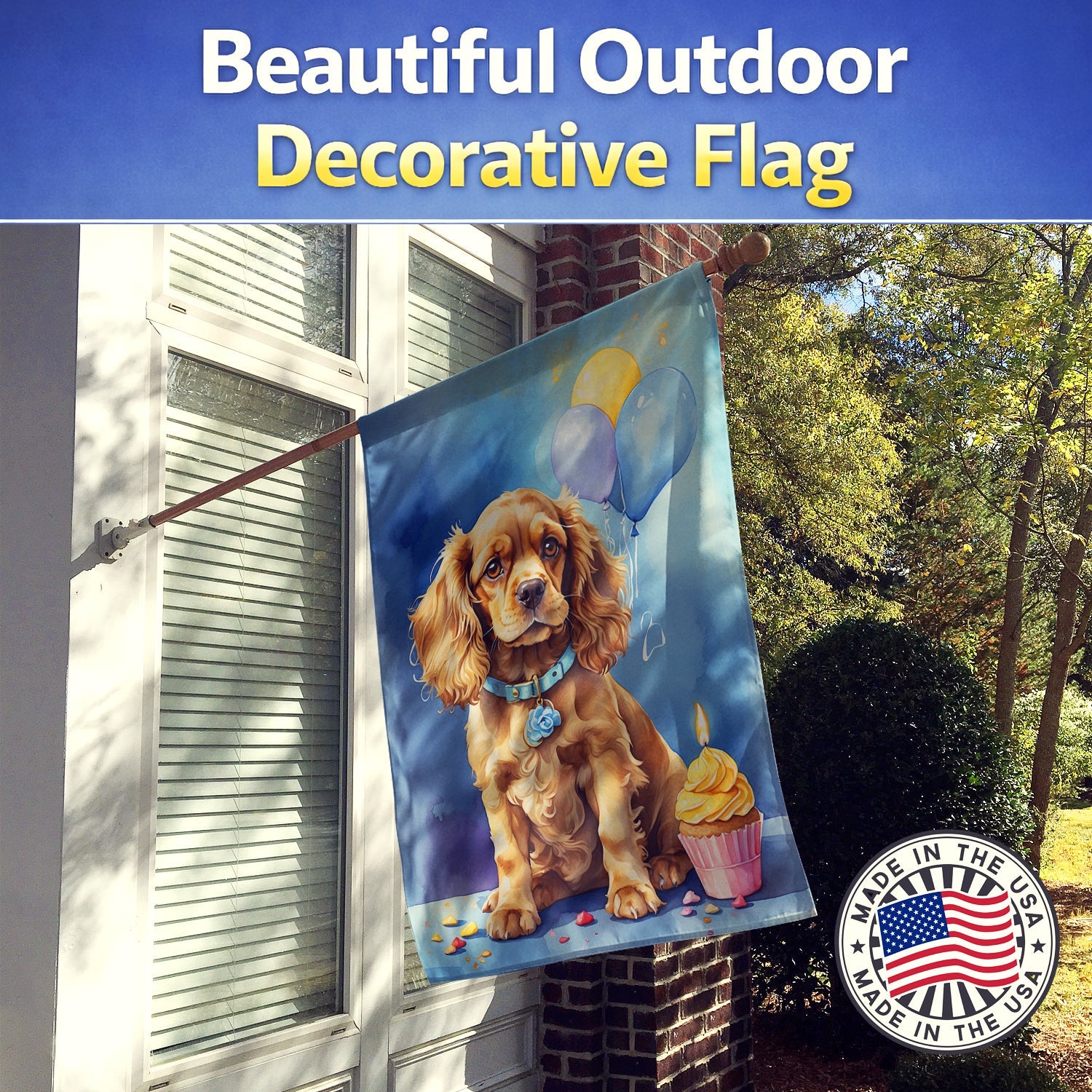 Cocker Spaniel Happy Birthday House Flag 28x40 Porch Sleeve Pole Decorative Outside Yard Banner Artwork Wall Hanging, Polyester