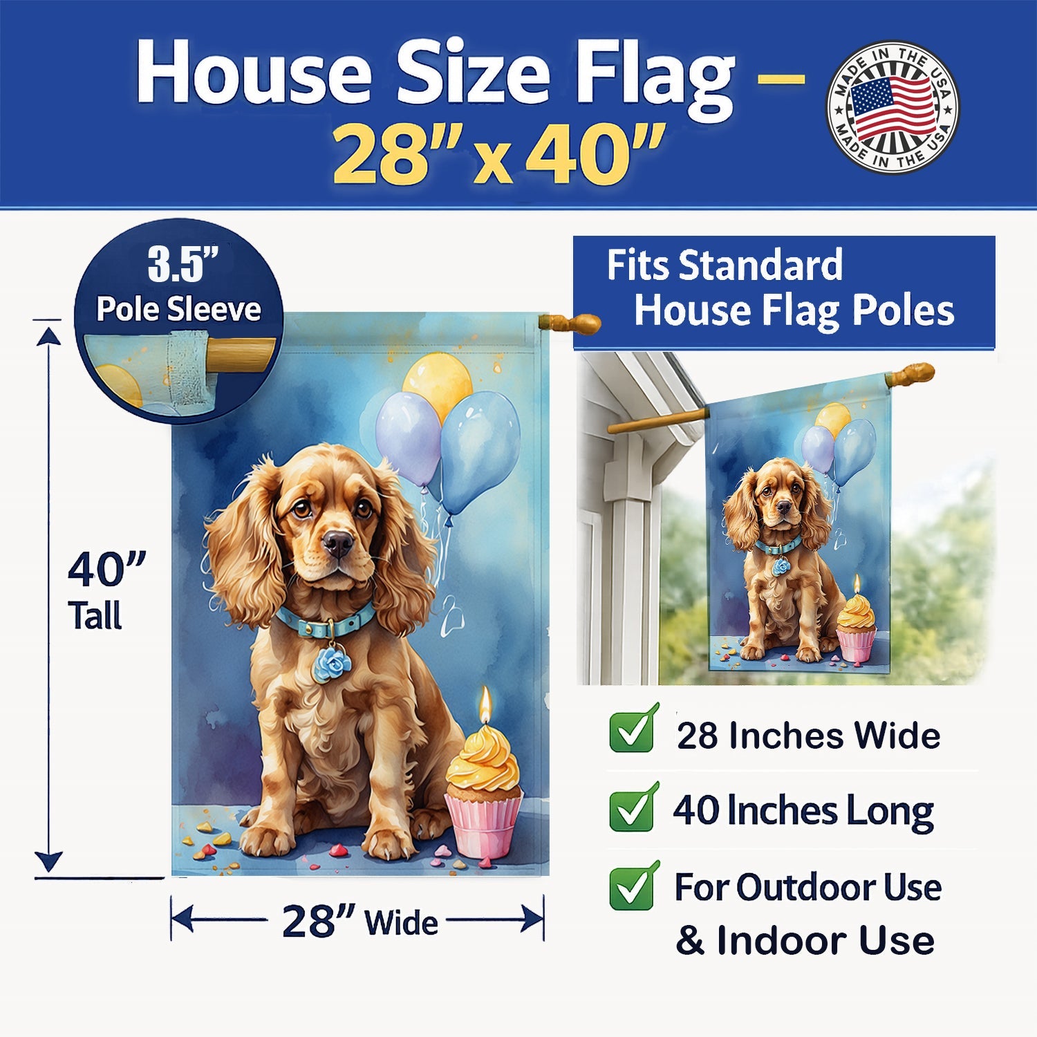 Cocker Spaniel Happy Birthday House Flag 28x40 Porch Sleeve Pole Decorative Outside Yard Banner Artwork Wall Hanging, Polyester