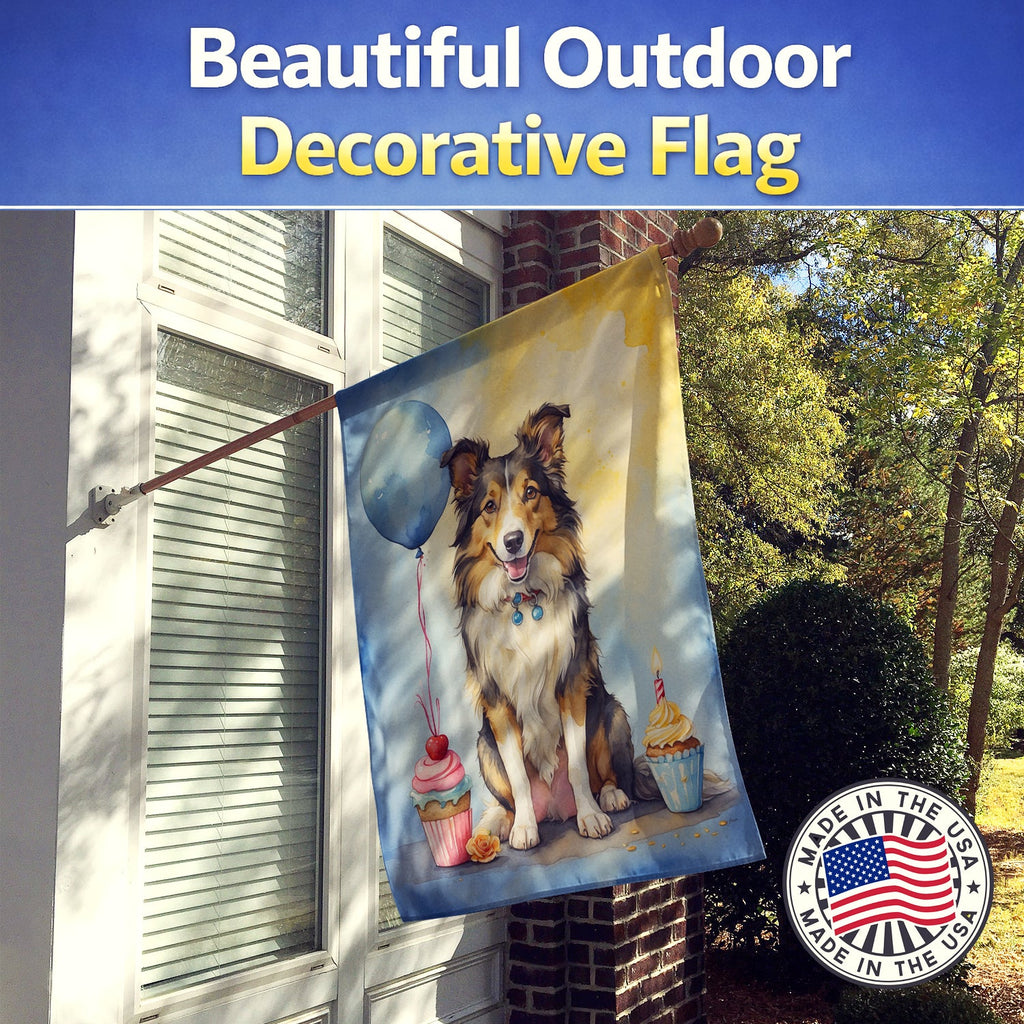 Collie Happy Birthday House Flag 28x40 Porch Sleeve Pole Decorative Outside Yard Banner Artwork Wall Hanging, Polyester