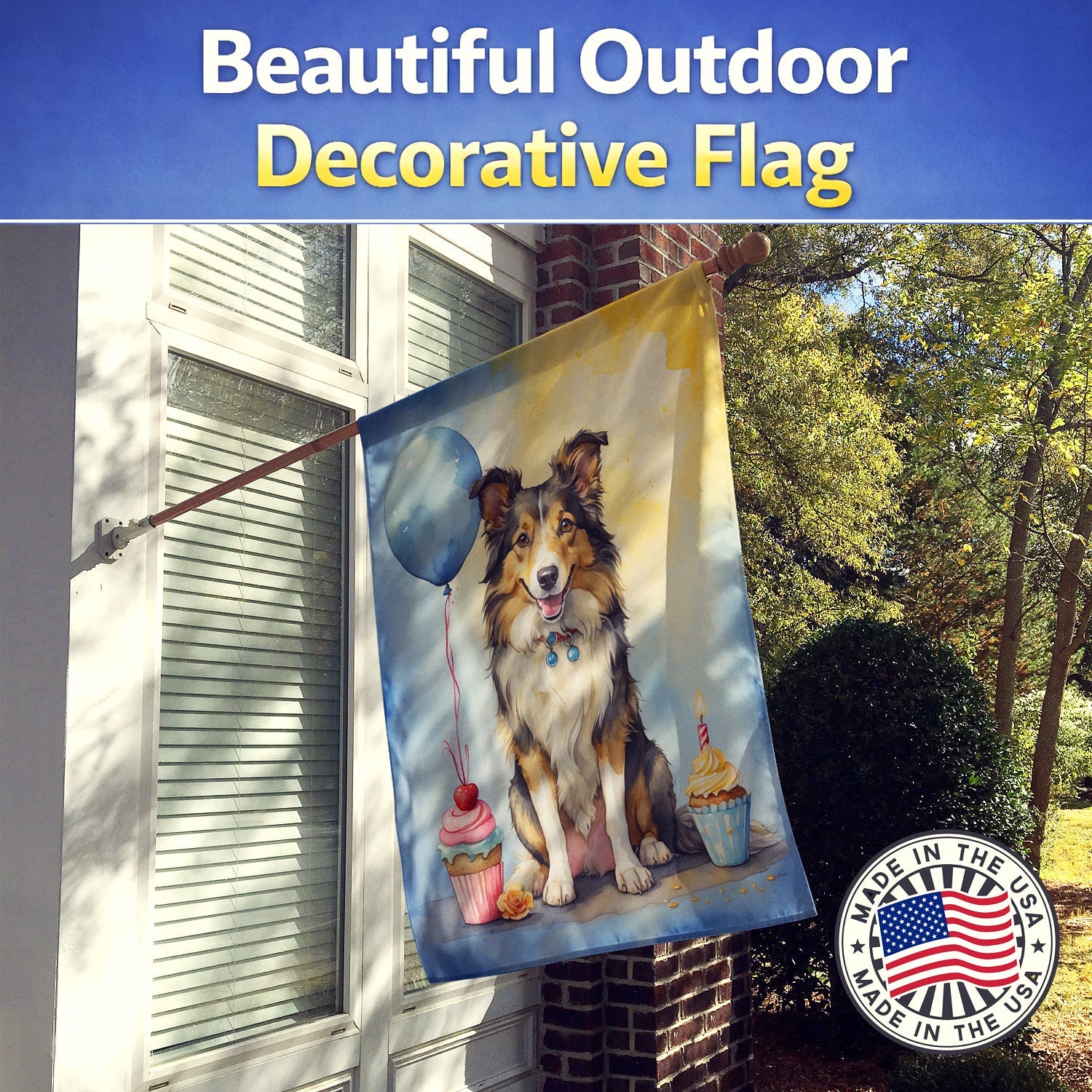 Collie Happy Birthday House Flag 28x40 Porch Sleeve Pole Decorative Outside Yard Banner Artwork Wall Hanging, Polyester