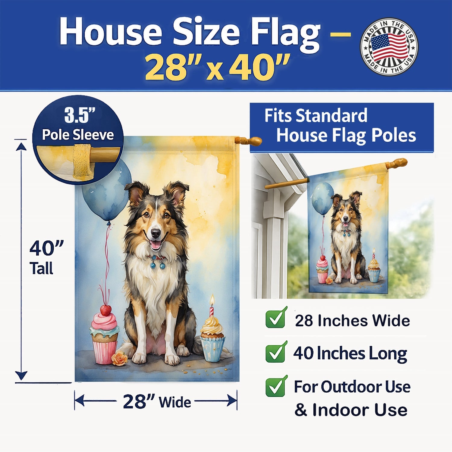 Collie Happy Birthday House Flag 28x40 Porch Sleeve Pole Decorative Outside Yard Banner Artwork Wall Hanging, Polyester