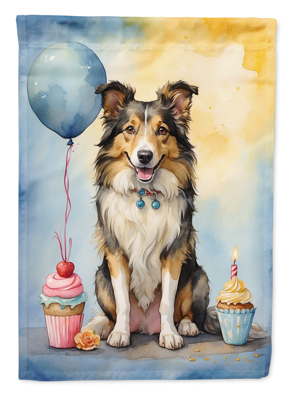 Collie Happy Birthday House Flag 28x40 Porch Sleeve Pole Decorative Outside Yard Banner Artwork Wall Hanging, Polyester