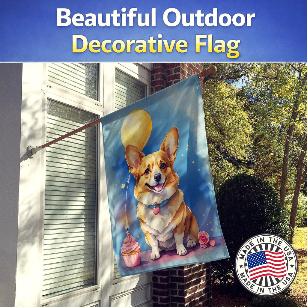 Corgi Happy Birthday House Flag 28x40 Porch Sleeve Pole Decorative Outside Yard Banner Artwork Wall Hanging, Polyester