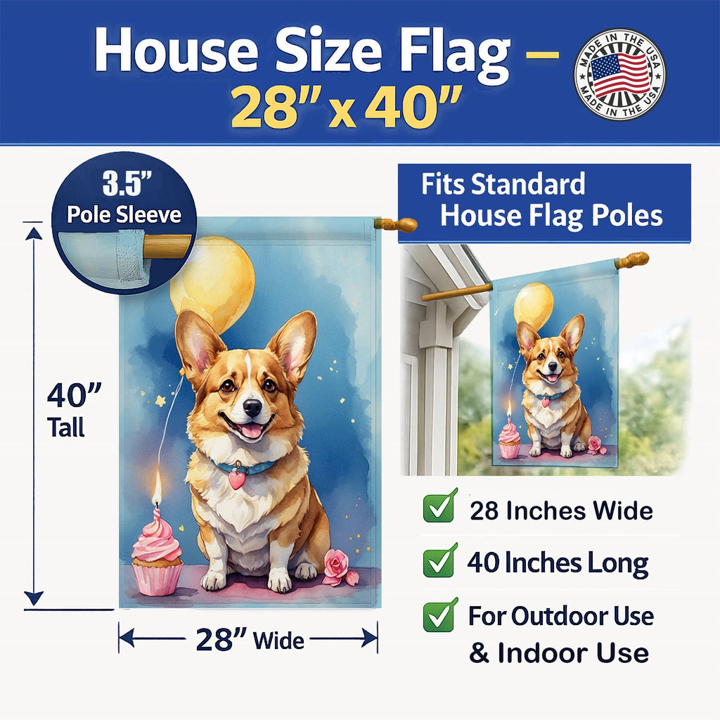 Corgi Happy Birthday House Flag 28x40 Porch Sleeve Pole Decorative Outside Yard Banner Artwork Wall Hanging, Polyester
