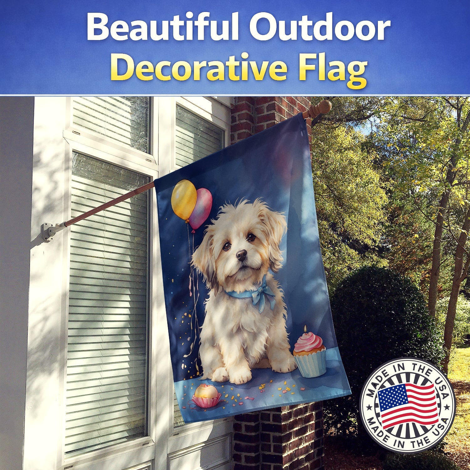 Coton De Tulear Happy Birthday House Flag 28x40 Porch Sleeve Pole Decorative Outside Yard Banner Artwork Wall Hanging, Polyester