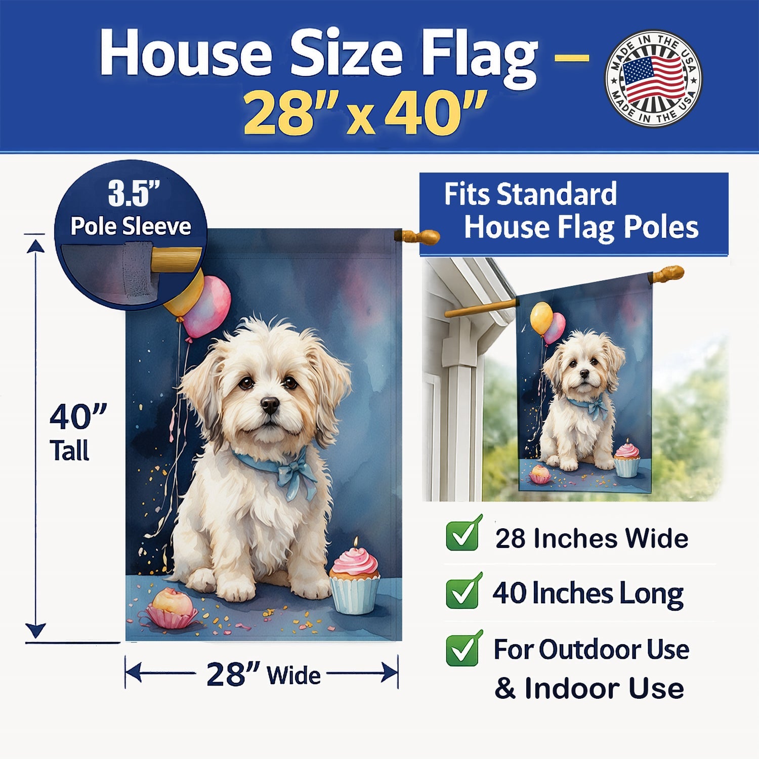 Coton De Tulear Happy Birthday House Flag 28x40 Porch Sleeve Pole Decorative Outside Yard Banner Artwork Wall Hanging, Polyester