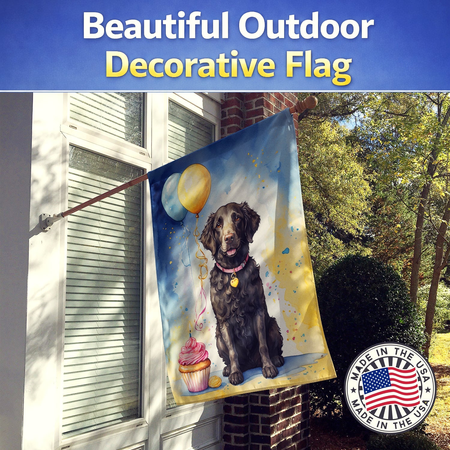 Curly Coated Retriever Happy Birthday House Flag 28x40 Porch Sleeve Pole Decorative Outside Yard Banner Artwork Wall Hanging, Polyester