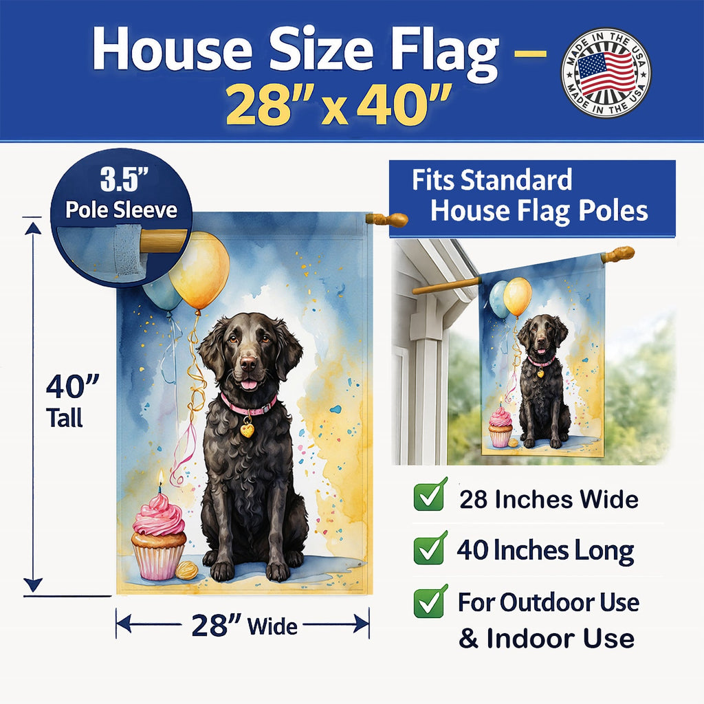 Curly Coated Retriever Happy Birthday House Flag 28x40 Porch Sleeve Pole Decorative Outside Yard Banner Artwork Wall Hanging, Polyester