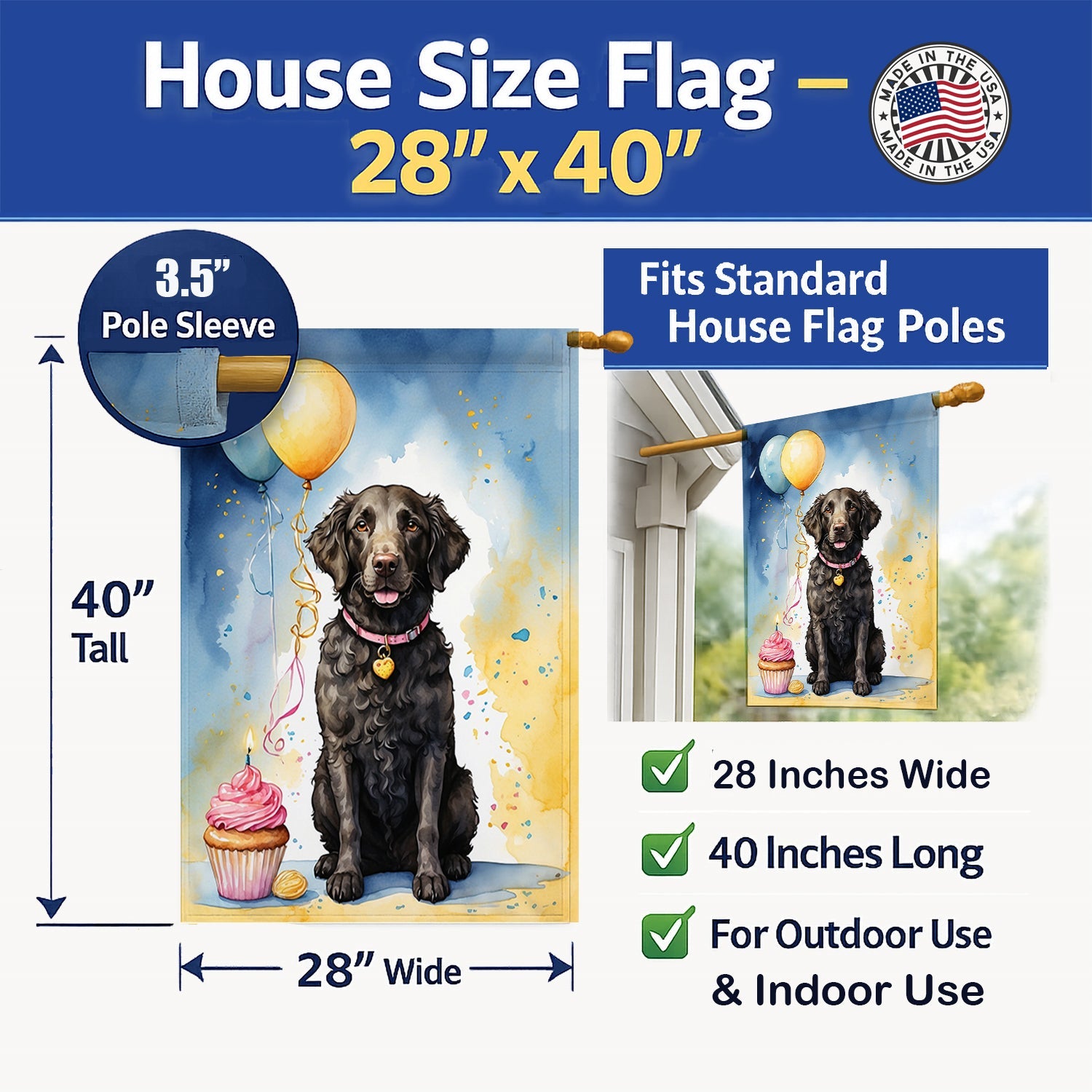 Curly Coated Retriever Happy Birthday House Flag 28x40 Porch Sleeve Pole Decorative Outside Yard Banner Artwork Wall Hanging, Polyester