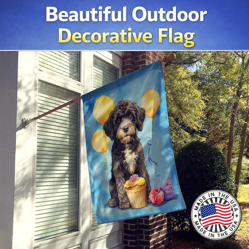 Portuguese Water Dog Happy Birthday House Flag 28x40 Porch Sleeve Pole Decorative Outside Yard Banner Artwork Wall Hanging, Polyester