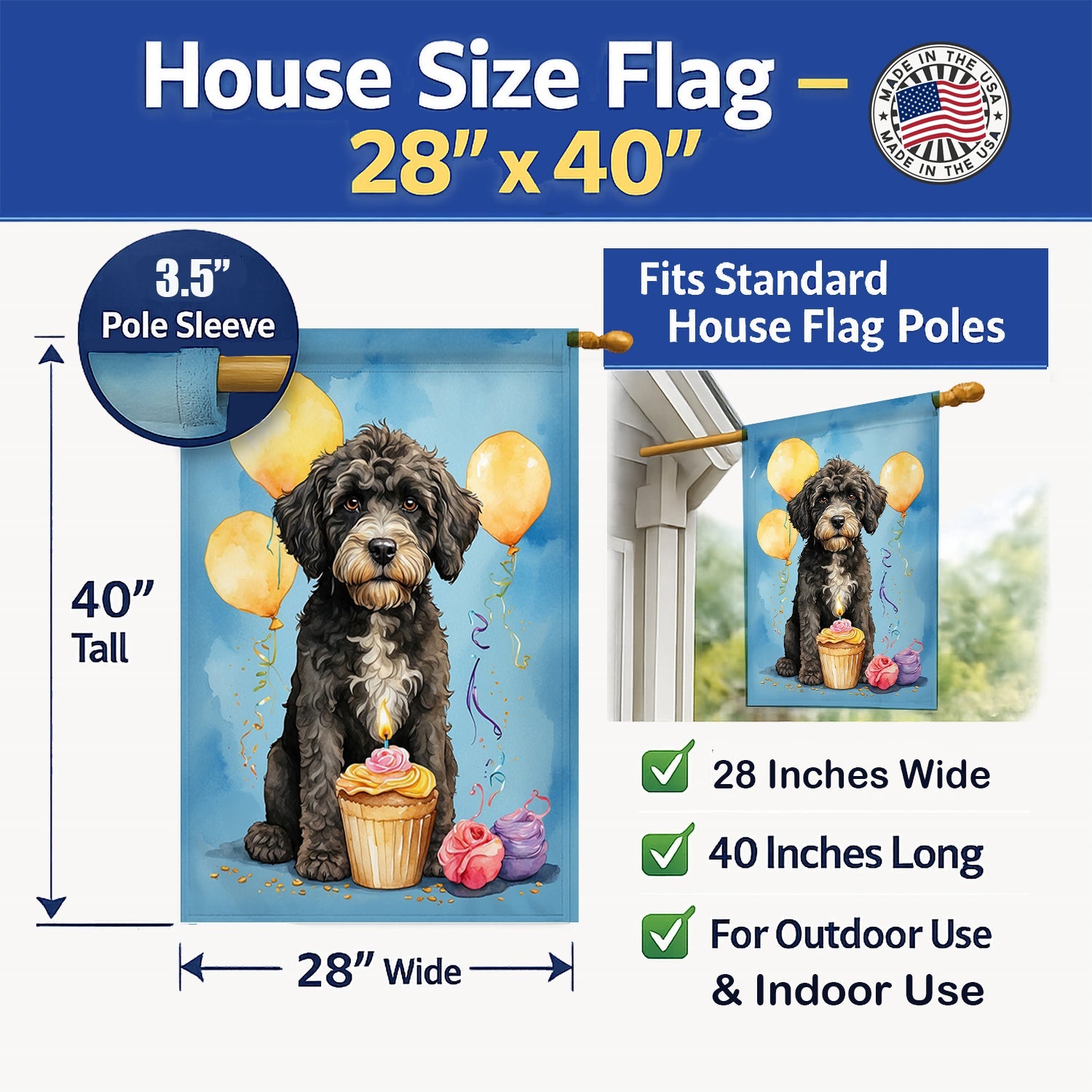 Portuguese Water Dog Happy Birthday House Flag 28x40 Porch Sleeve Pole Decorative Outside Yard Banner Artwork Wall Hanging, Polyester