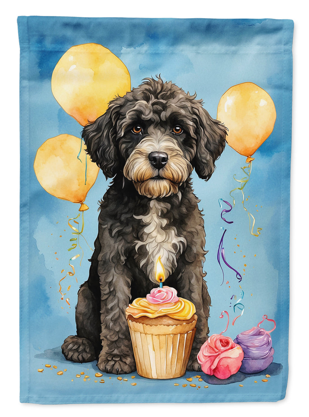 Portuguese Water Dog Happy Birthday House Flag 28x40 Porch Sleeve Pole Decorative Outside Yard Banner Artwork Wall Hanging, Polyester