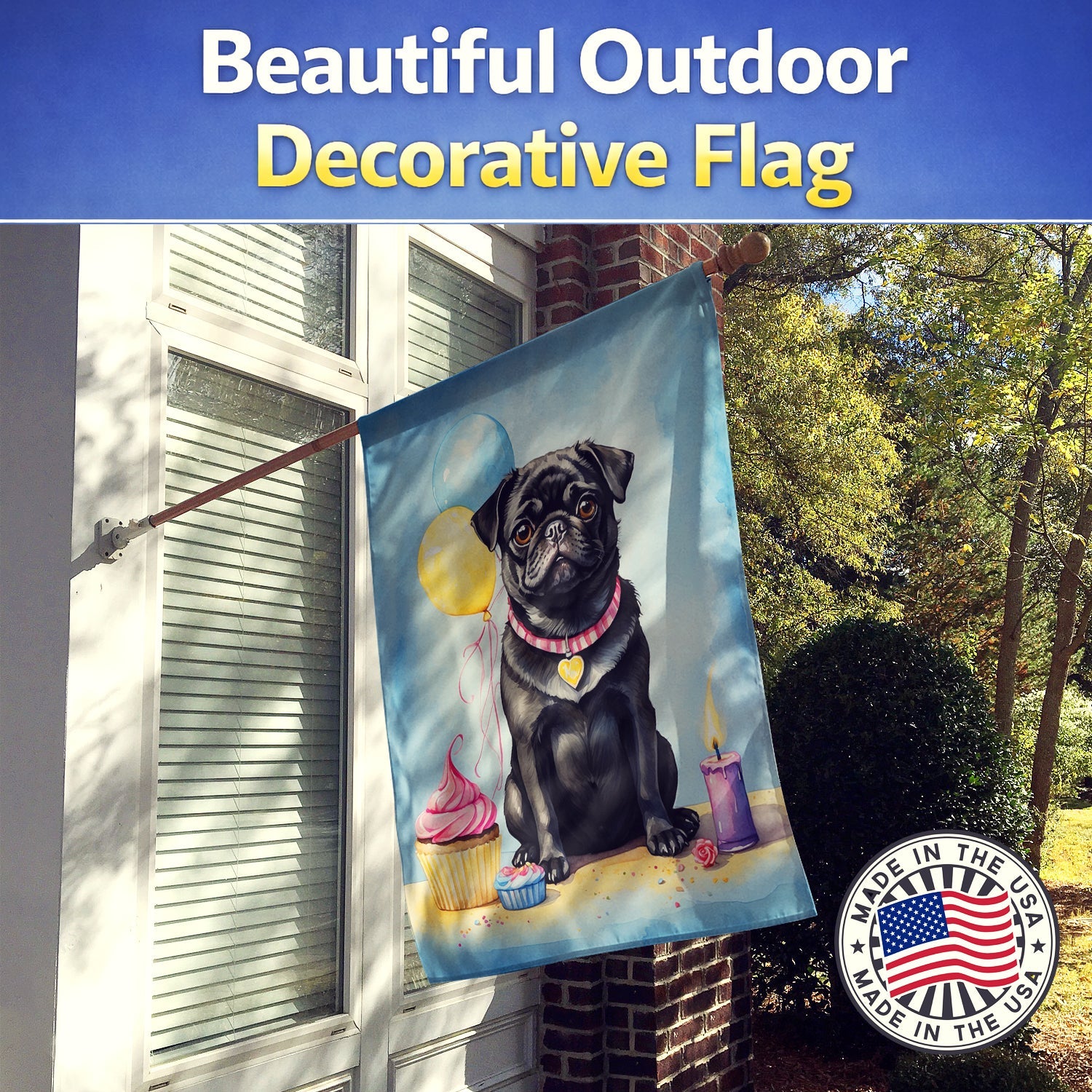 Black Pug Happy Birthday House Flag 28x40 Porch Sleeve Pole Decorative Outside Yard Banner Artwork Wall Hanging, Polyester