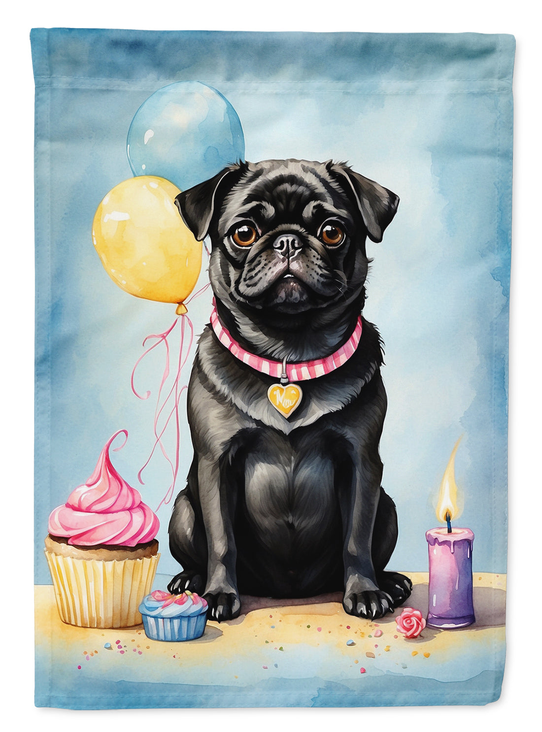 Black Pug Happy Birthday House Flag 28x40 Porch Sleeve Pole Decorative Outside Yard Banner Artwork Wall Hanging, Polyester