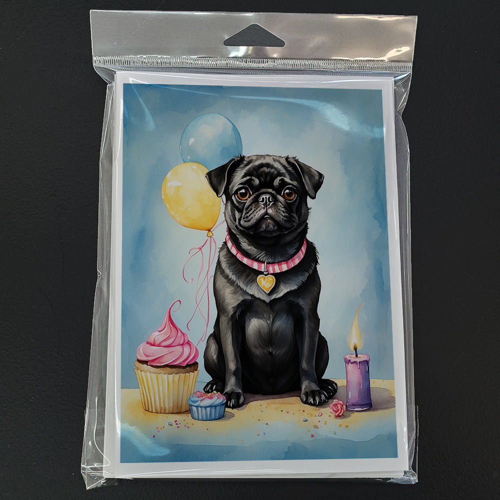 Black Pug Happy Birthday Greeting Cards Pack of 8 Blank Cards with Envelopes Whimsical A7 Size 5x7