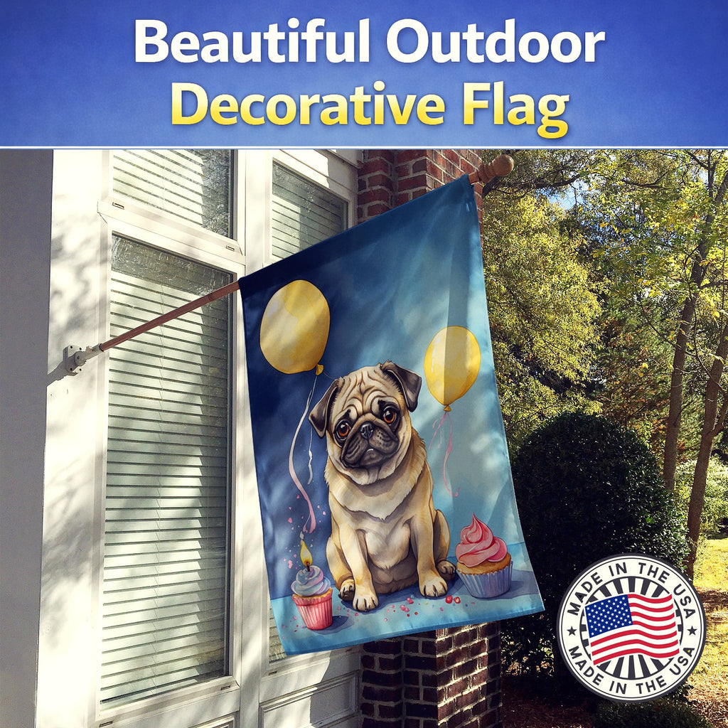 Pug Happy Birthday House Flag 28x40 Porch Sleeve Pole Decorative Outside Yard Banner Artwork Wall Hanging, Polyester