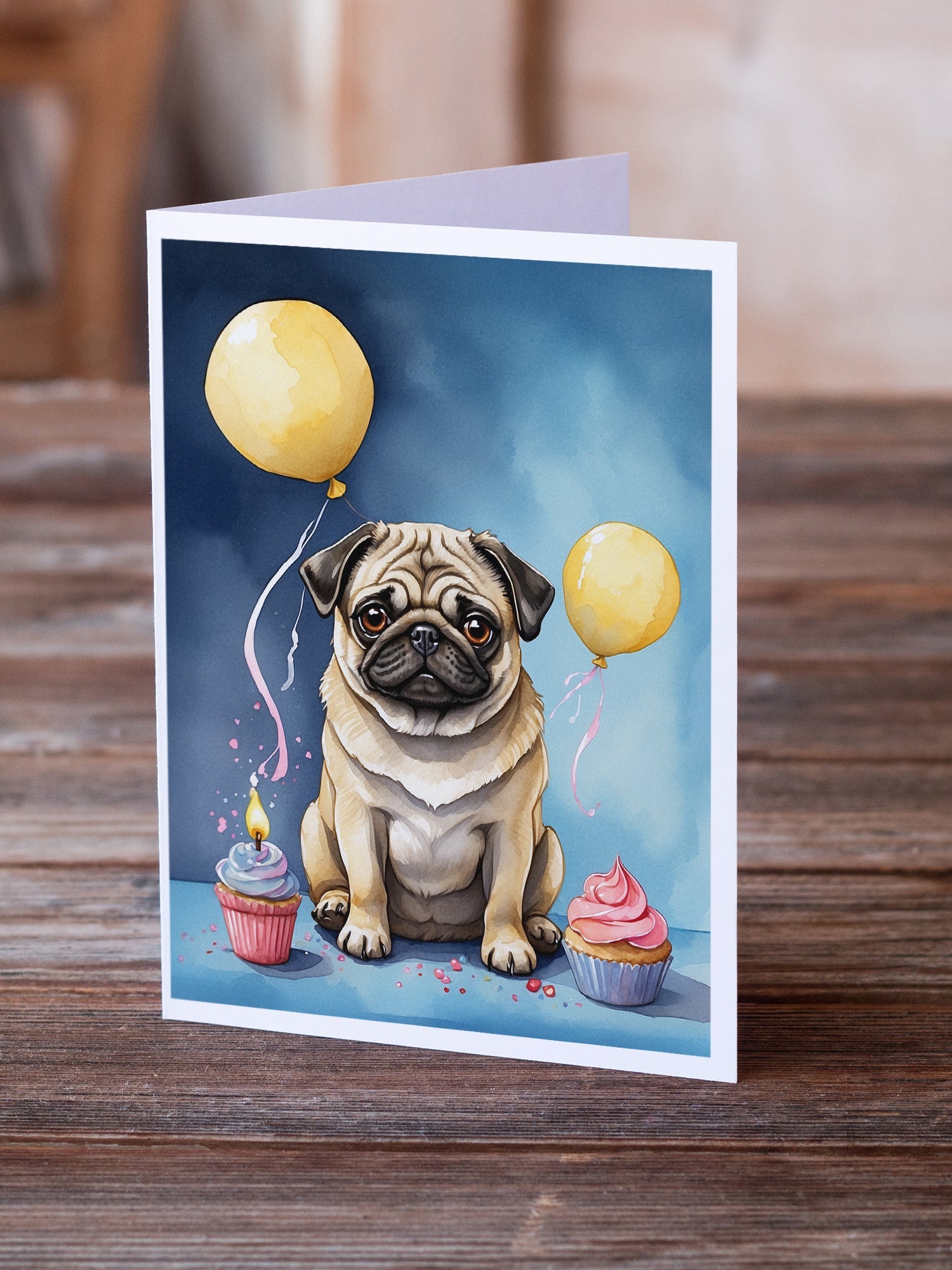 Pug Happy Birthday Greeting Cards Pack of 8 Blank Cards with Envelopes Whimsical A7 Size 5x7