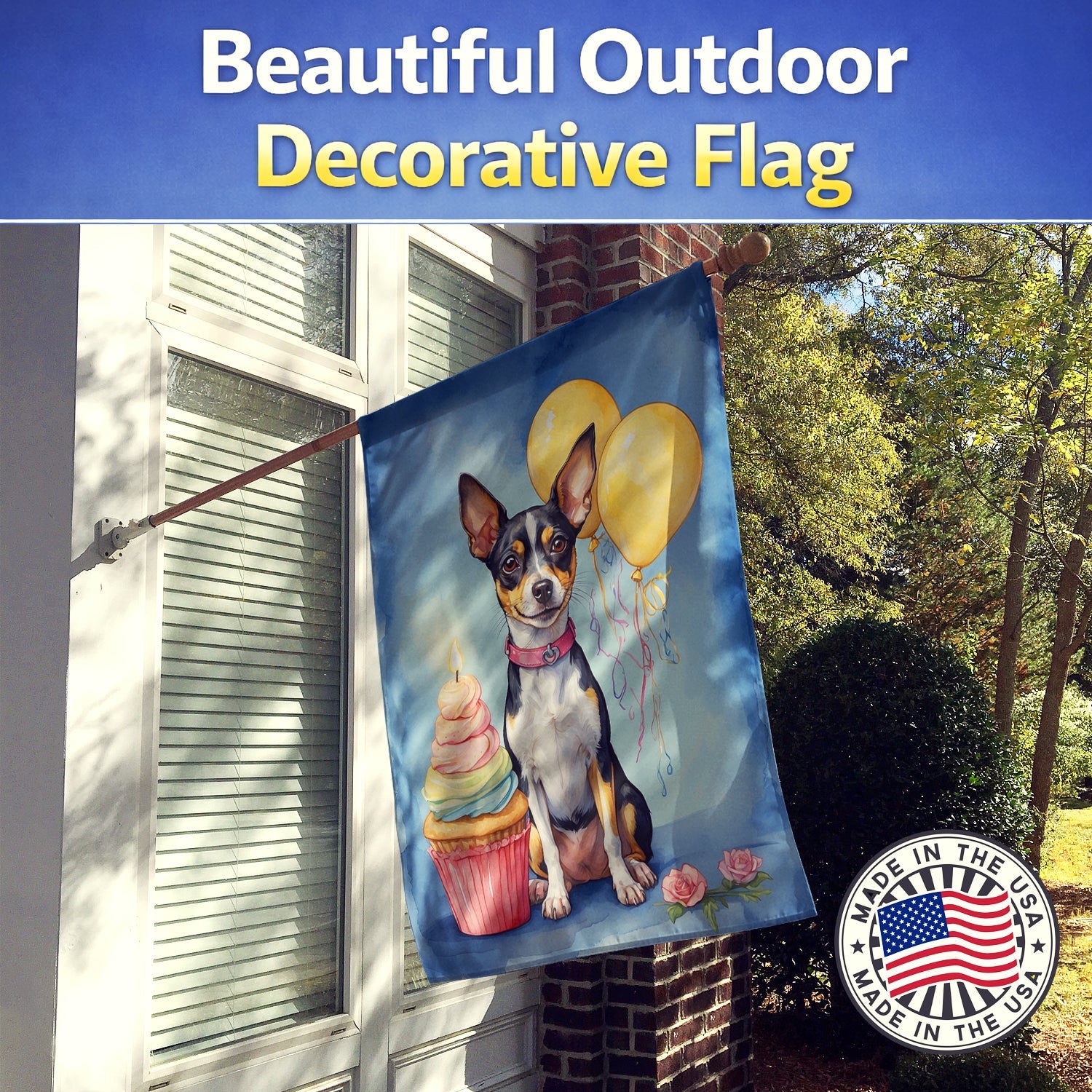 Rat Terrier Happy Birthday House Flag 28x40 Porch Sleeve Pole Decorative Outside Yard Banner Artwork Wall Hanging, Polyester