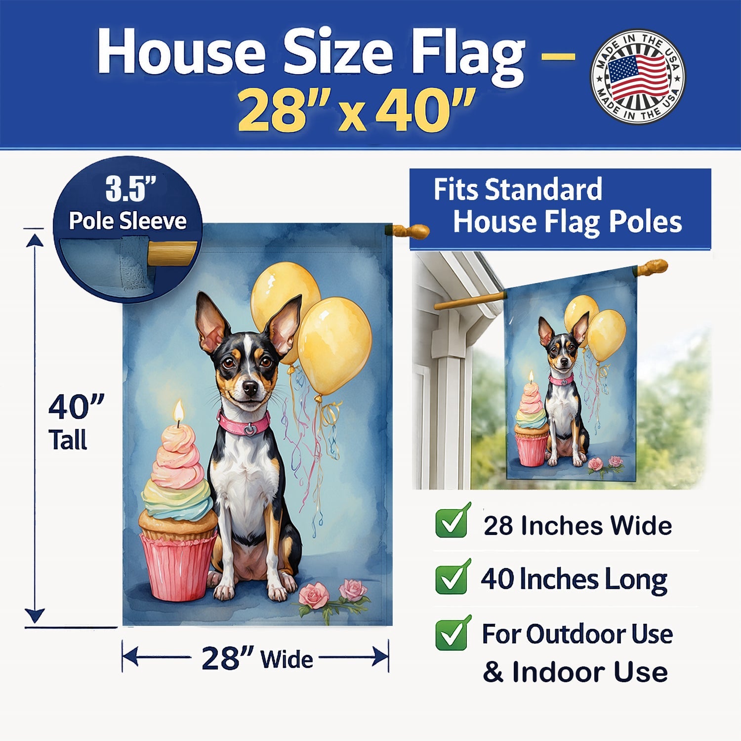 Rat Terrier Happy Birthday House Flag 28x40 Porch Sleeve Pole Decorative Outside Yard Banner Artwork Wall Hanging, Polyester