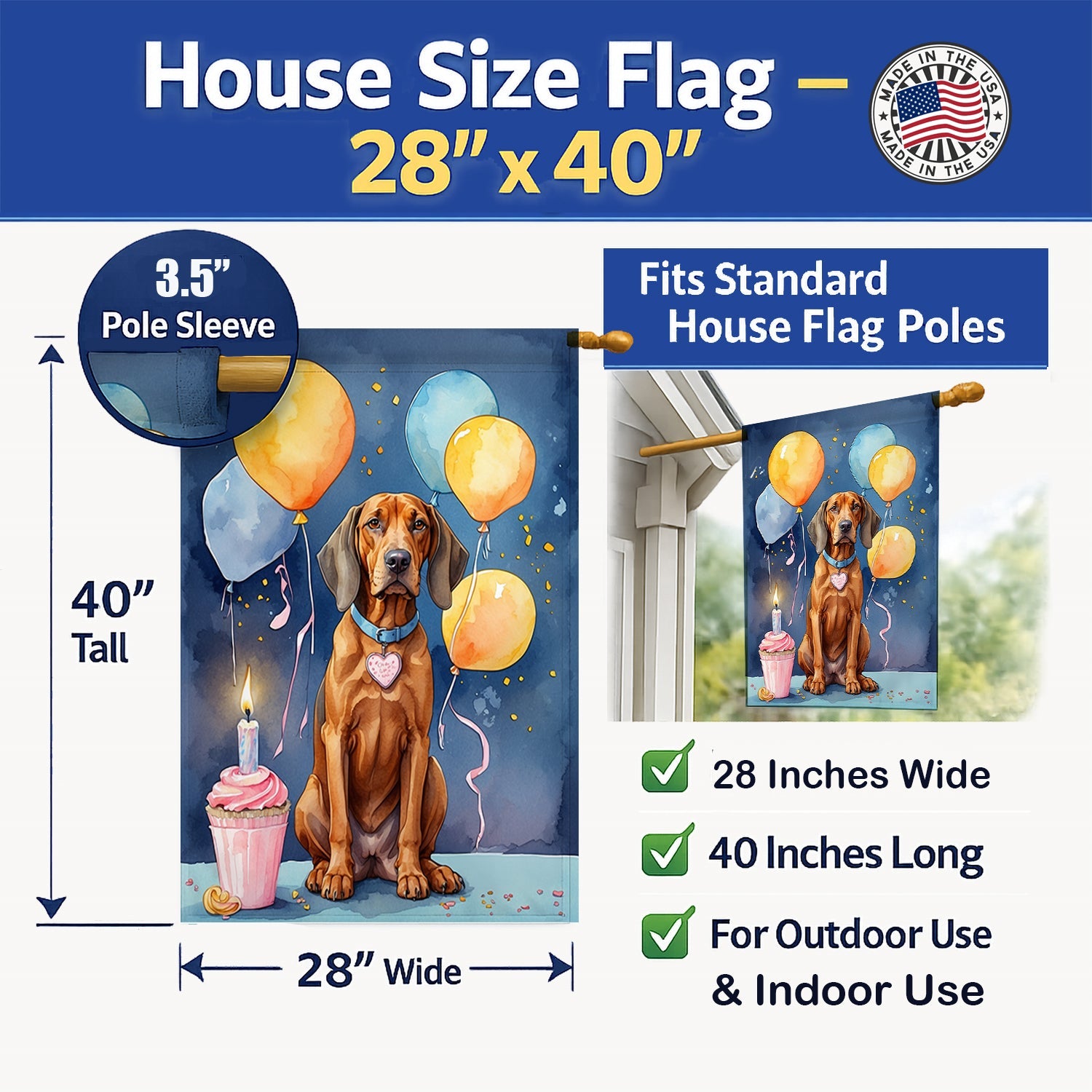 Redbone Coonhound Happy Birthday House Flag 28x40 Porch Sleeve Pole Decorative Outside Yard Banner Artwork Wall Hanging, Polyester