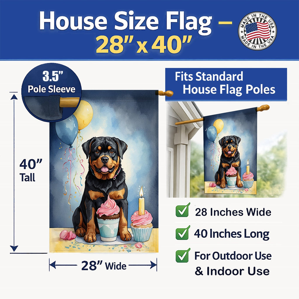 Rottweiler Happy Birthday House Flag 28x40 Porch Sleeve Pole Decorative Outside Yard Banner Artwork Wall Hanging, Polyester