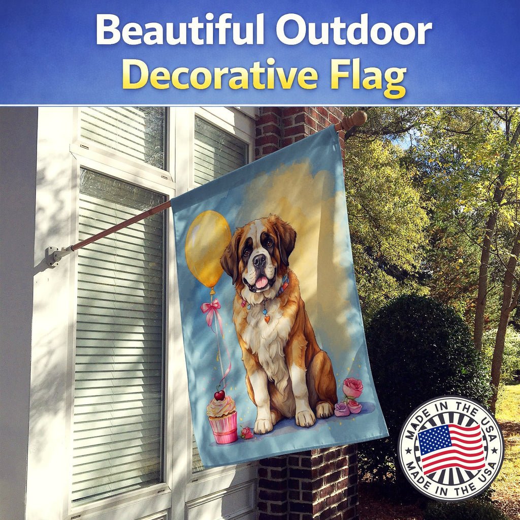Saint Bernard Happy Birthday House Flag 28x40 Porch Sleeve Pole Decorative Outside Yard Banner Artwork Wall Hanging, Polyester